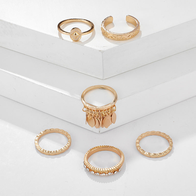 6-piece Ring Geometric Leaf Tassel Ring