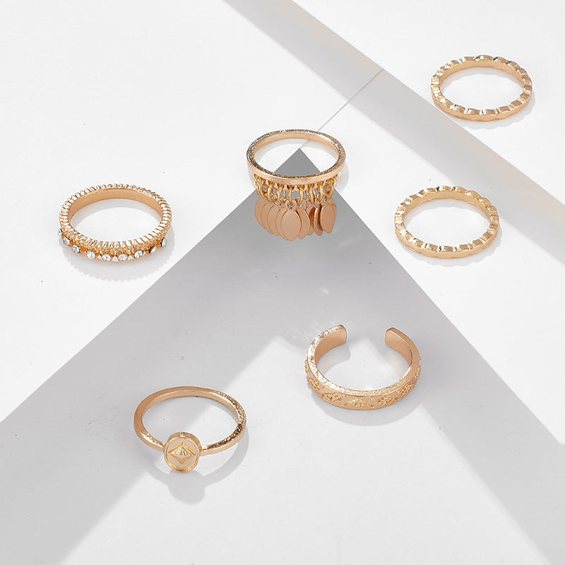 6-piece Ring Geometric Leaf Tassel Ring