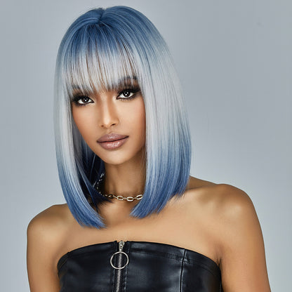 New Wig With Bangs Gradient Blue Short Straight Hair Natural