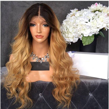 Black Gradient Gold Long Curly Hair Big Wavy T Color Wig