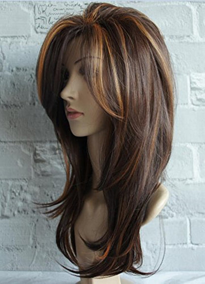 Women's Linen Mixed Brown Medium-length Straight Hair Wig