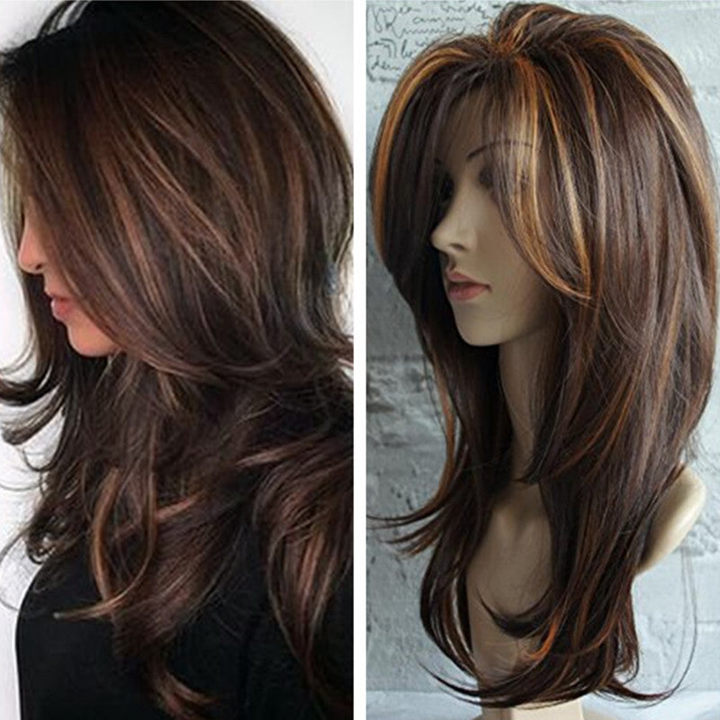 Women's Linen Mixed Brown Medium-length Straight Hair Wig