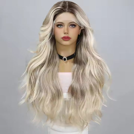 European And American Fashion T-shaped Lace Gold Gradient Wavy Curly Hair Wigs Shipped From Warehouse