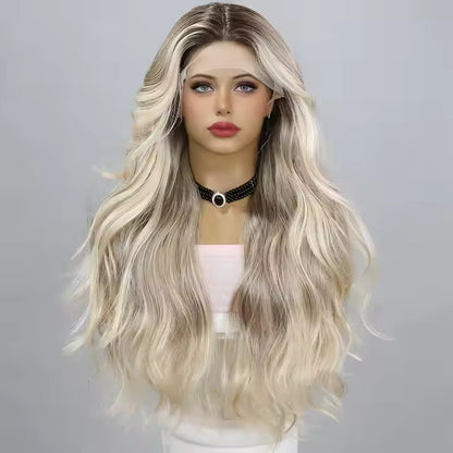 European And American Fashion T-shaped Lace Gold Gradient Wavy Curly Hair Wigs Shipped From Warehouse