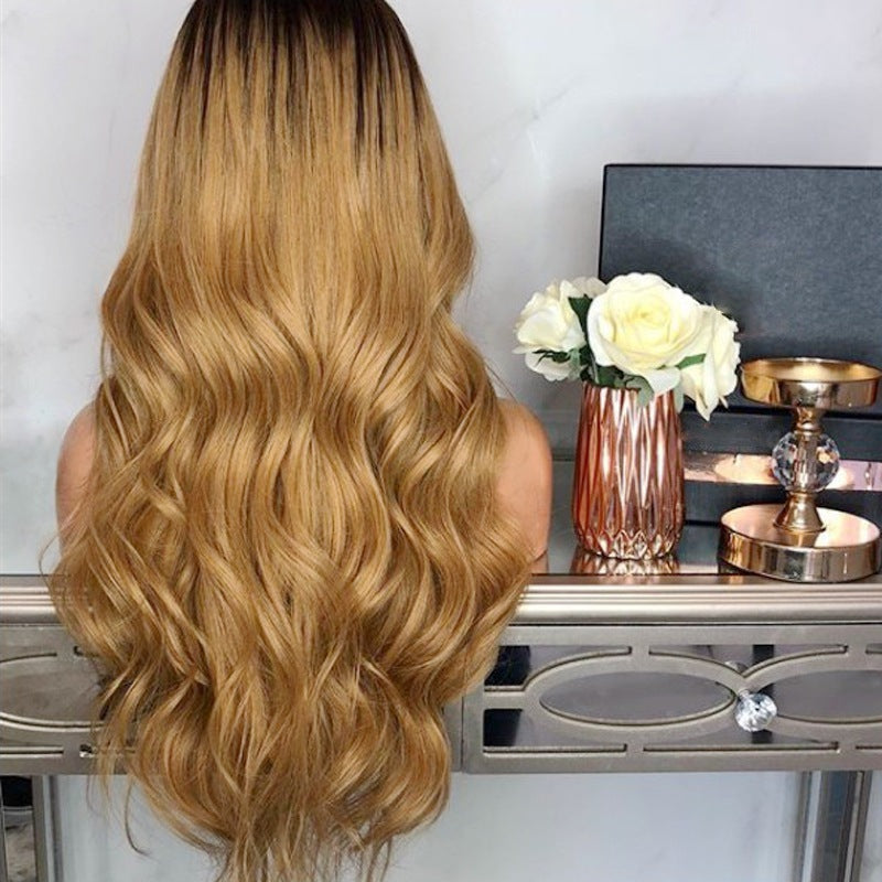Black Gradient Gold Long Curly Hair Big Wavy T Color Wig