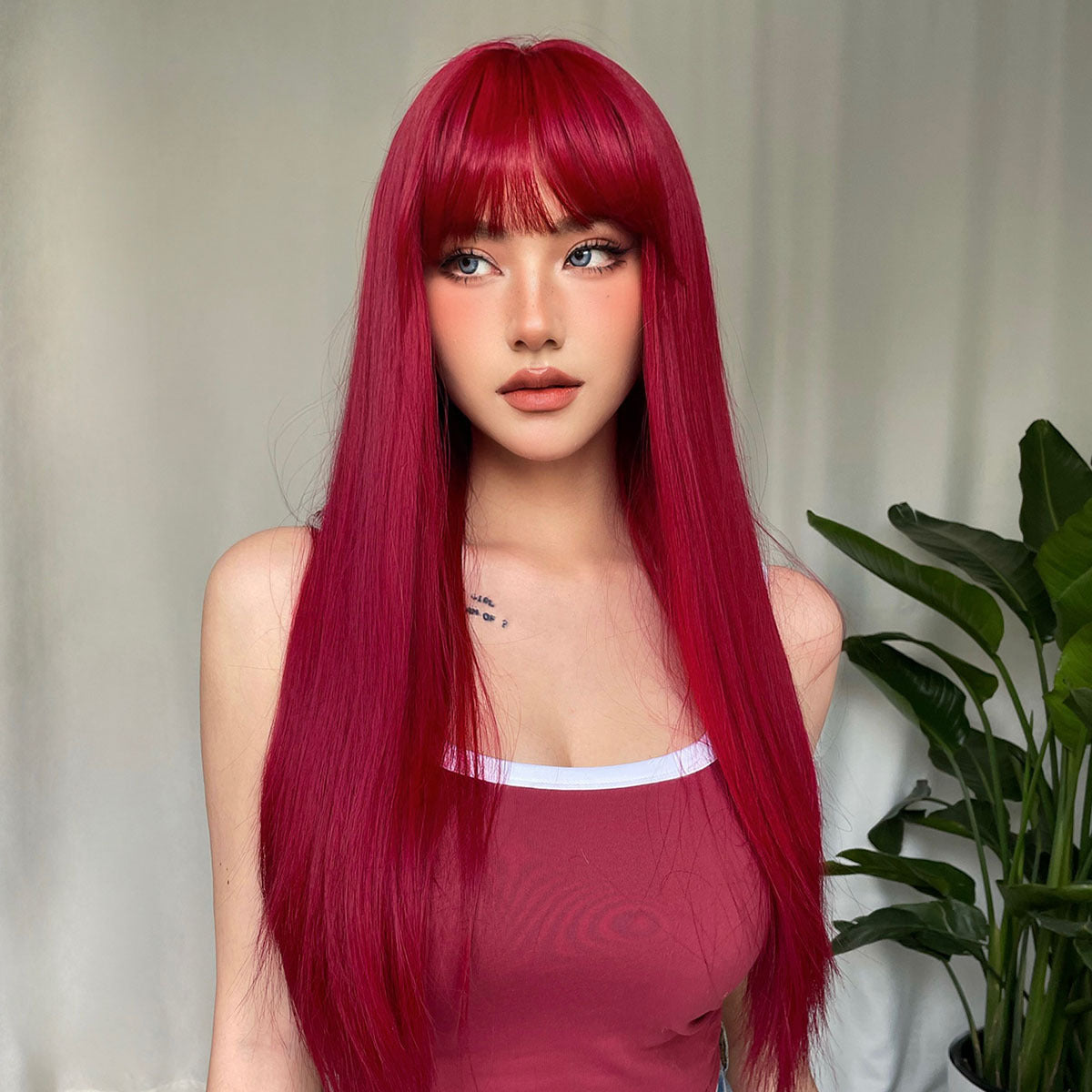 Red Long Straight Wig Head Cover With Style