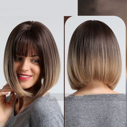 Black Gradient Brown Straight Bangs Short Women's Wig