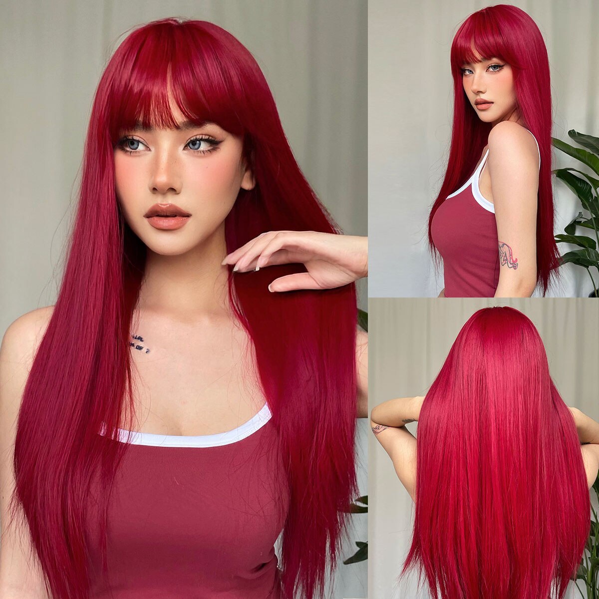 Red Long Straight Wig Head Cover With Style