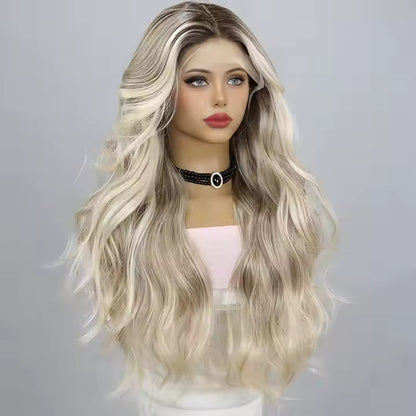 European And American Fashion T-shaped Lace Gold Gradient Wavy Curly Hair Wigs Shipped From Warehouse