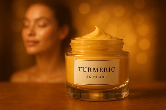 describe an image like a luxurious jar of turmeric skincare glowing skin in the background