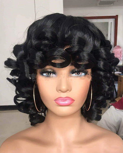 Black Wig Beauty Short Wavy Black Explosive Headgear Wig