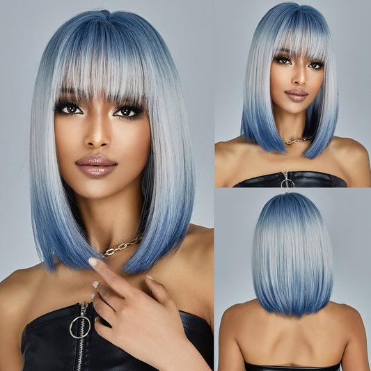 New Wig With Bangs Gradient Blue Short Straight Hair Natural