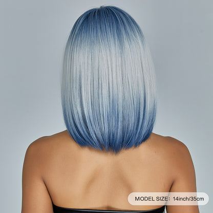 New Wig With Bangs Gradient Blue Short Straight Hair Natural