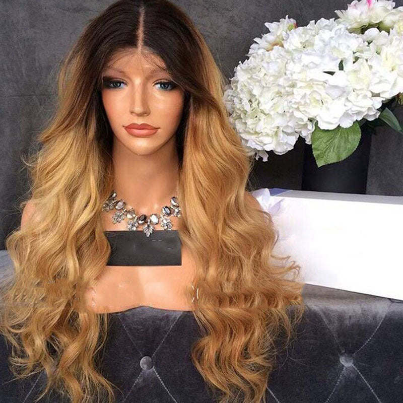 Black Gradient Gold Long Curly Hair Big Wavy T Color Wig